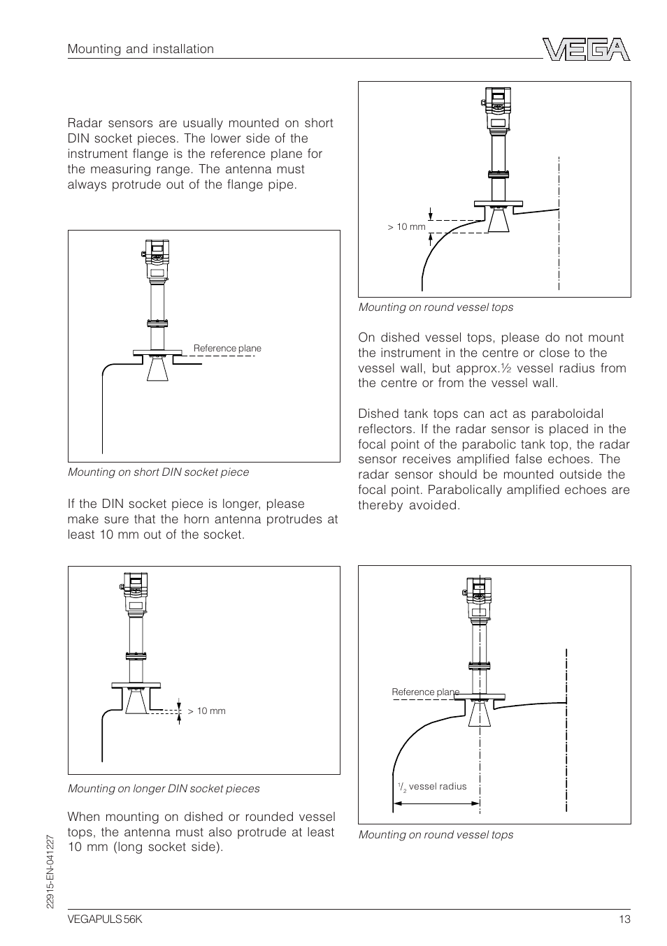 2 measurement of liquids, Sensor on din socket piece | VEGA VEGAPULS 56K User Manual | Page 13 / 68