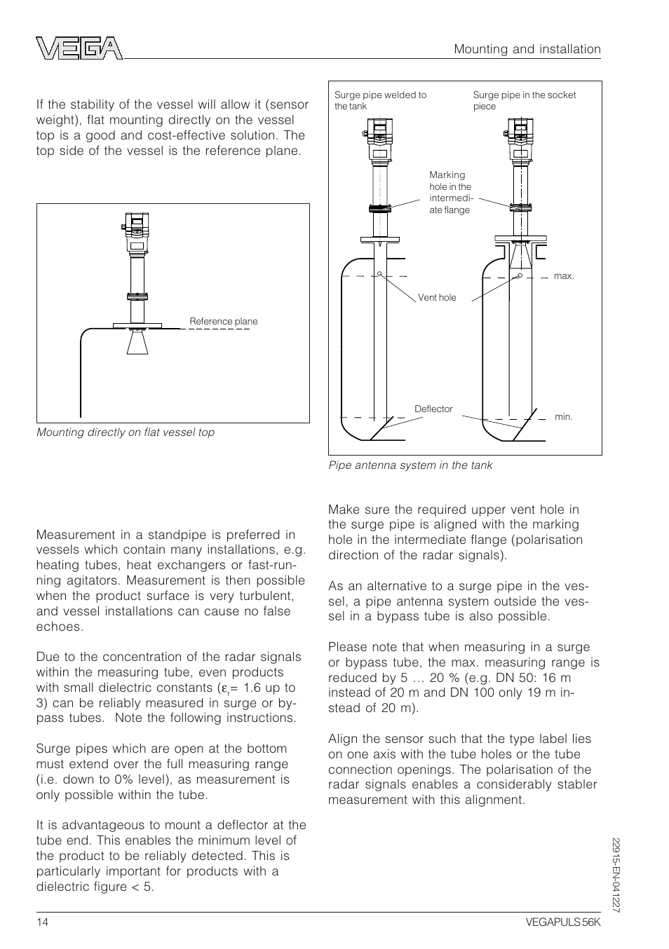 3 measurement in standpipe (surge or bypass tube), Sensor directly on the vessel top, General instructions | VEGA VEGAPULS 56K User Manual | Page 14 / 68