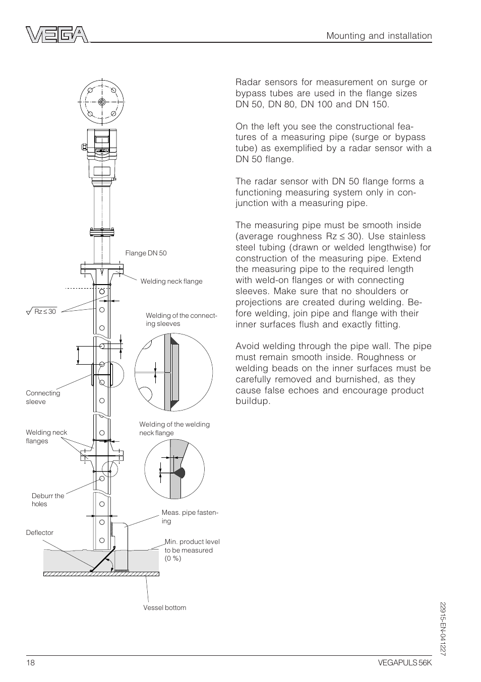 Guidelines for standpipe construction, Mounting and installation | VEGA VEGAPULS 56K User Manual | Page 18 / 68