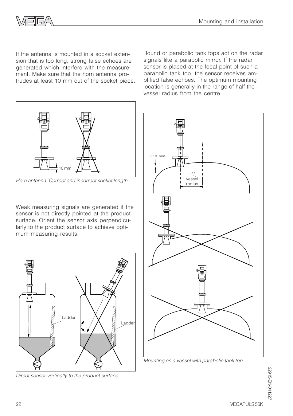 5 common installation mistakes, Socket piece too long, Wrong orientation to the product | Parabolic effects on dished or rounded vessel tops, Mounting and installation | VEGA VEGAPULS 56K User Manual | Page 22 / 68