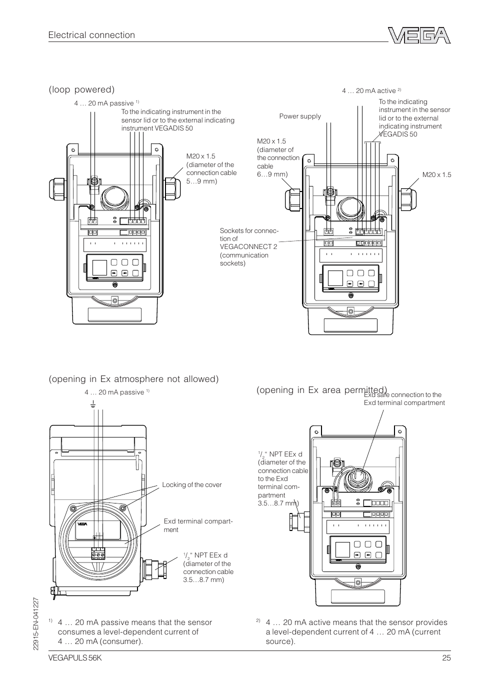 Standard versions, Electrical connection, Vegapuls 56k 25 | 4 … 20 ma passive, Exd terminal compart- ment, Locking of the cover, Power supply 4 … 20 ma active | VEGA VEGAPULS 56K User Manual | Page 25 / 68
