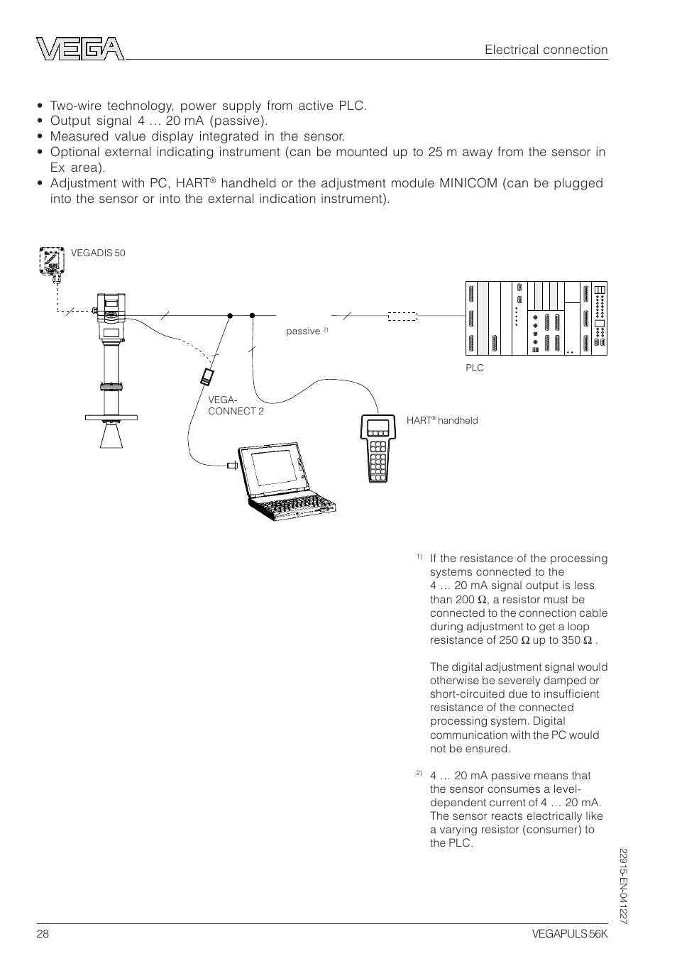 Measuring system with vegapuls 56k on active plc, Electrical connection | VEGA VEGAPULS 56K User Manual | Page 28 / 68