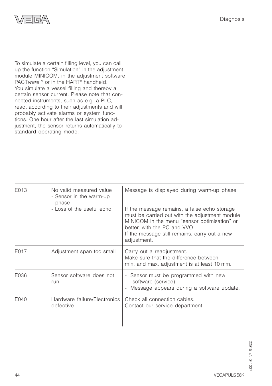 6 diagnosis, 1 simulation, 2 error codes | VEGA VEGAPULS 56K User Manual | Page 44 / 68