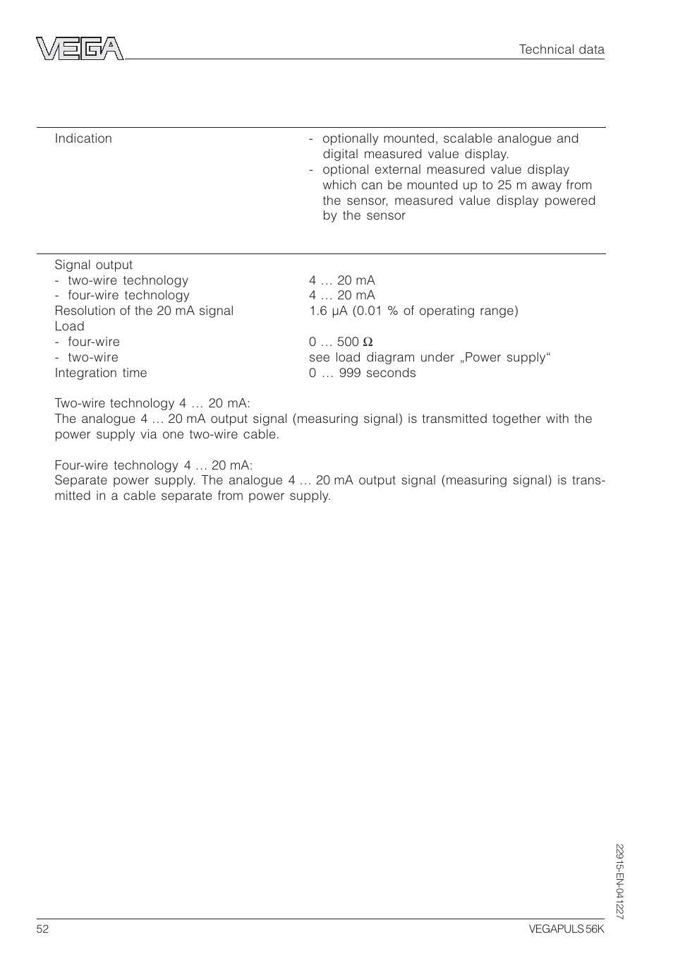 VEGA VEGAPULS 56K User Manual | Page 52 / 68