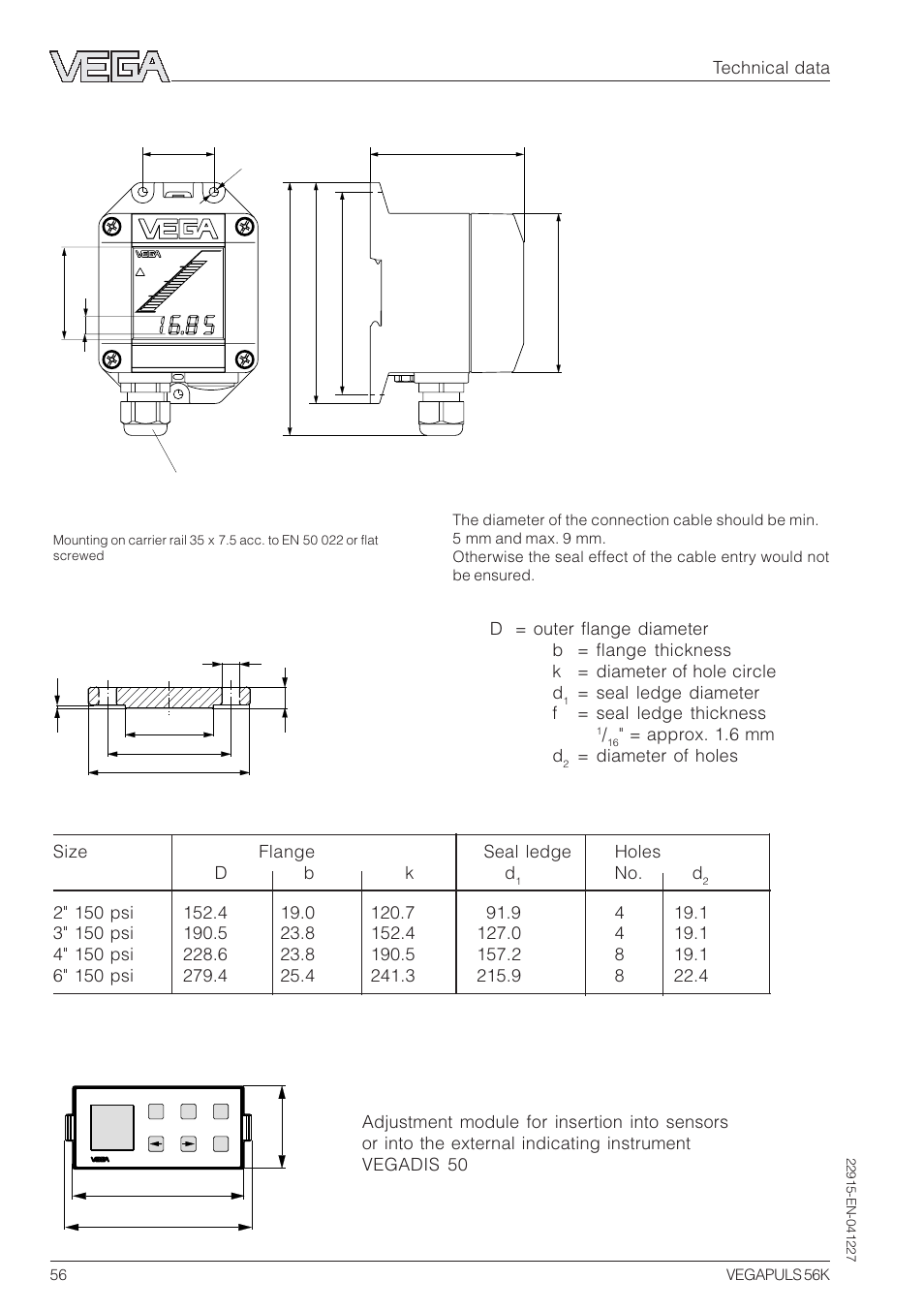 Flange dimensions acc. to ansi | VEGA VEGAPULS 56K User Manual | Page 56 / 68