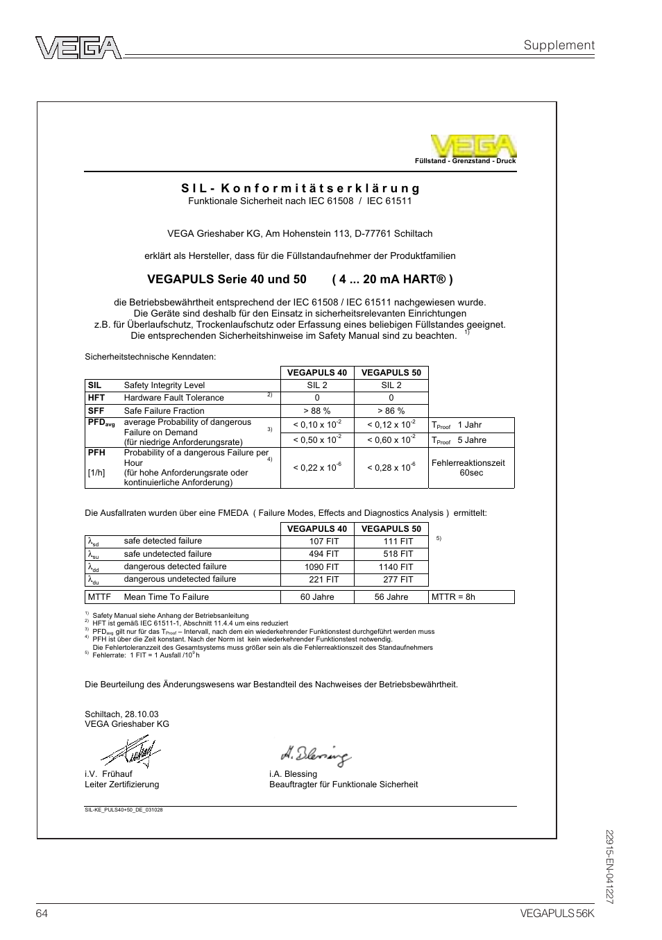 Sil declaration of conformity, Supplement, 64 vegapuls 56k | VEGA VEGAPULS 56K User Manual | Page 64 / 68