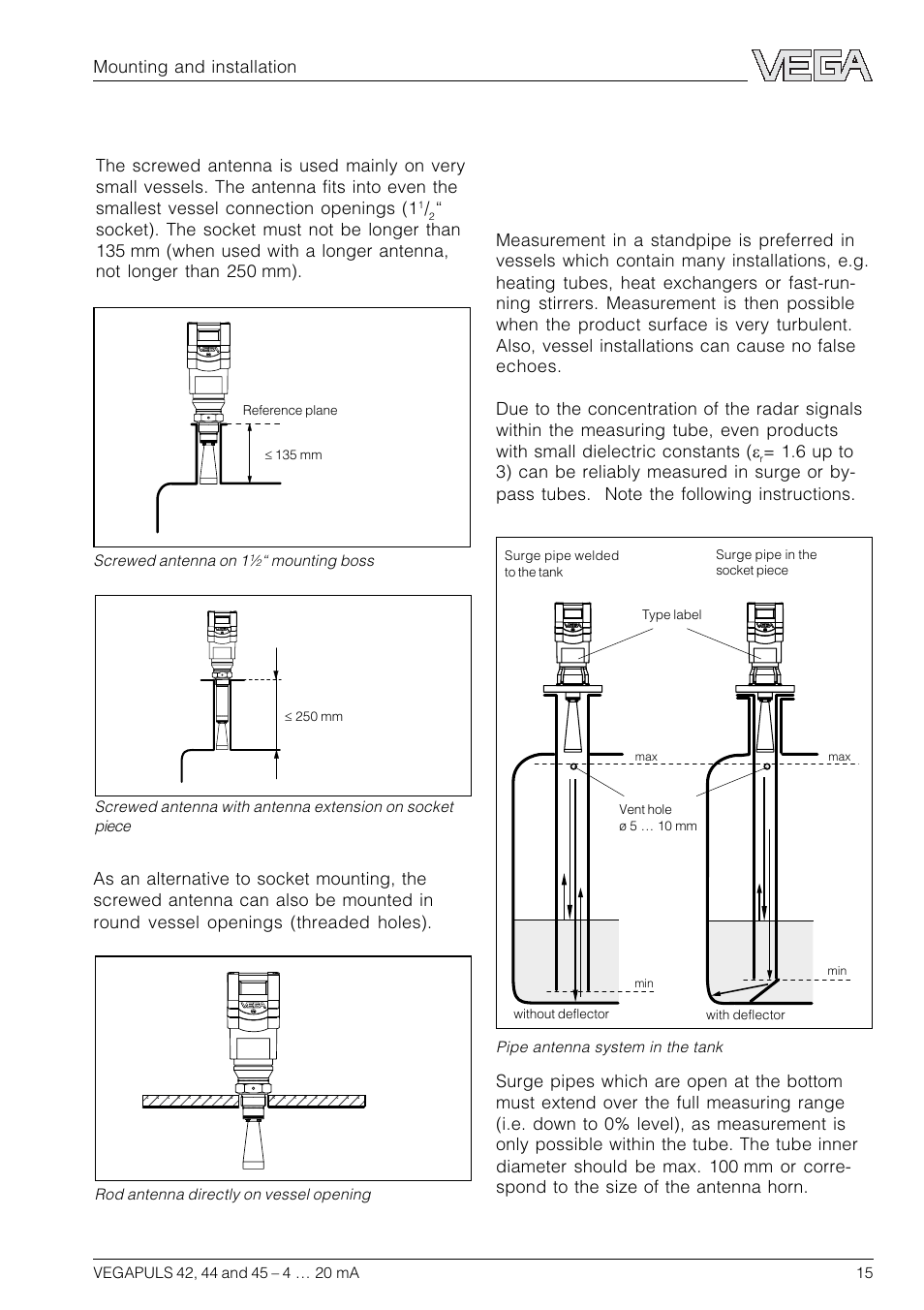 3 measurement in standpipe (surge or bypass tube), General instructions, Screwed antenna | VEGA VEGAPULS 45 4 … 20 mA; HART compact sensor User Manual | Page 15 / 72