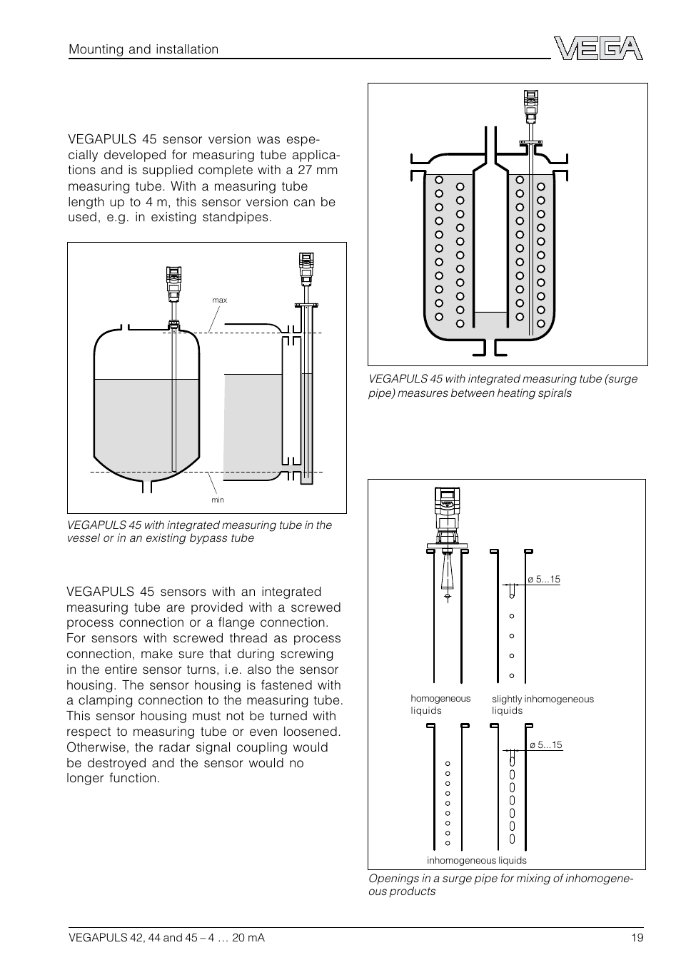 Standpipe measurement of inhomoge- neous products, Vegapuls 45 with integrated measur- ing tube | VEGA VEGAPULS 45 4 … 20 mA; HART compact sensor User Manual | Page 19 / 72