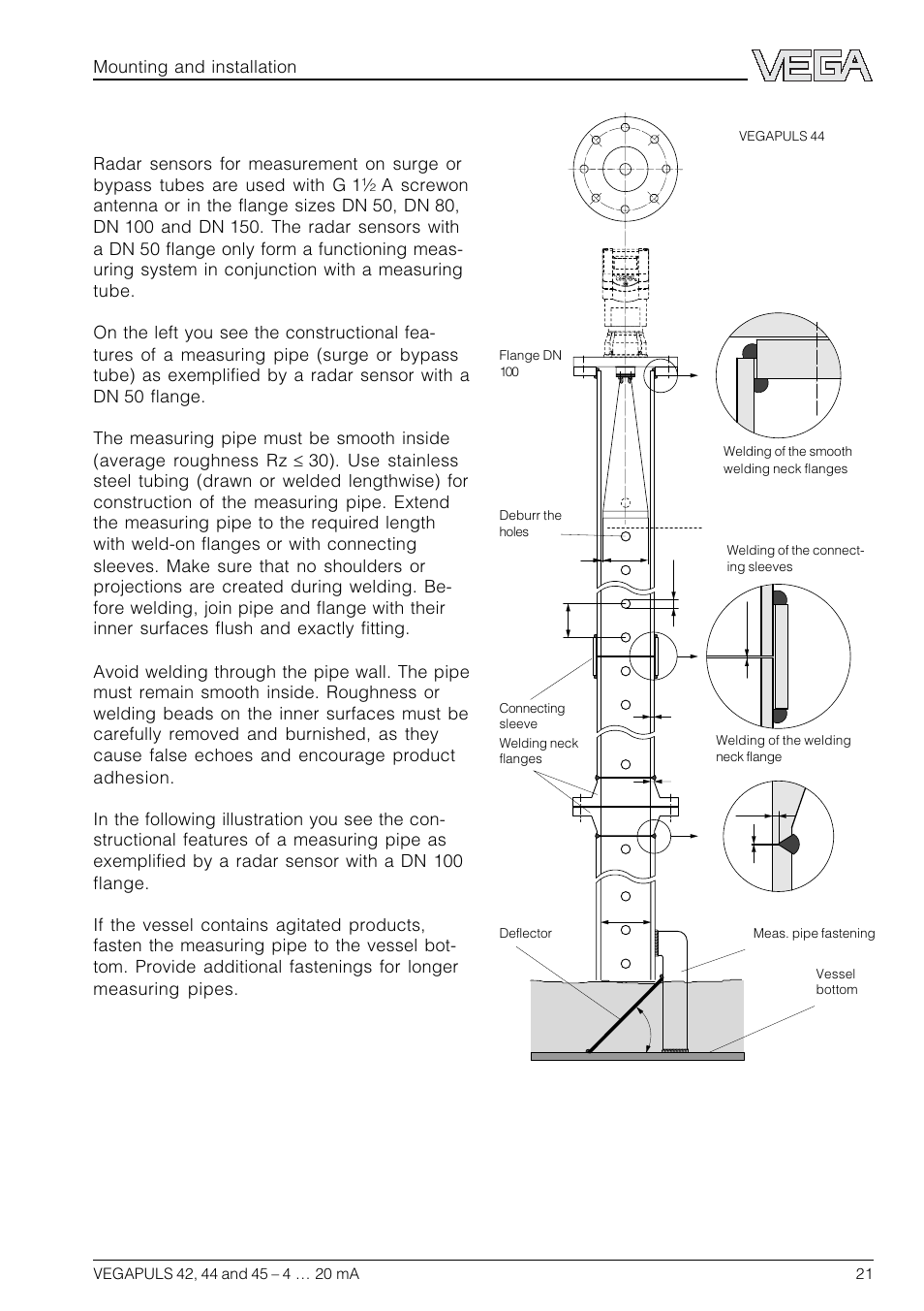 Guidelines for standpipe construction, Mounting and installation | VEGA VEGAPULS 45 4 … 20 mA; HART compact sensor User Manual | Page 21 / 72