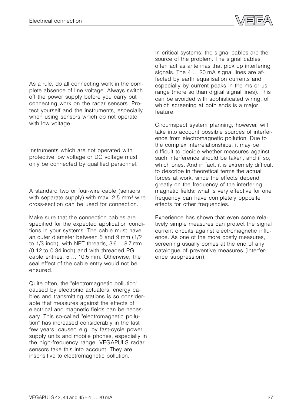 4 electrical connection, 1 connection and connection cable | VEGA VEGAPULS 45 4 … 20 mA; HART compact sensor User Manual | Page 27 / 72