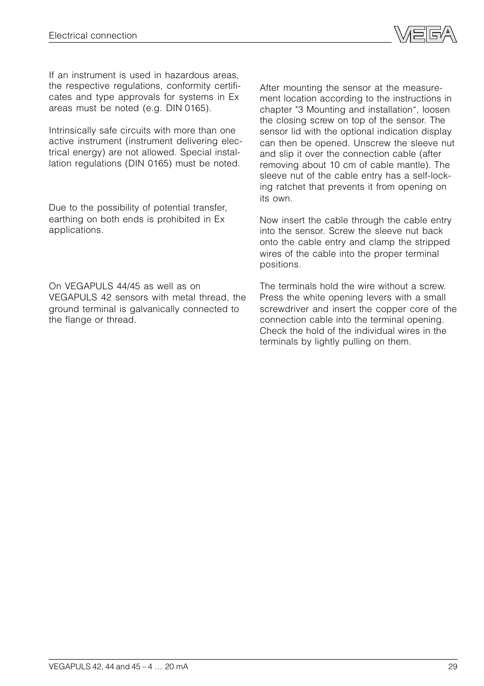 2 connection of the sensor | VEGA VEGAPULS 45 4 … 20 mA; HART compact sensor User Manual | Page 29 / 72