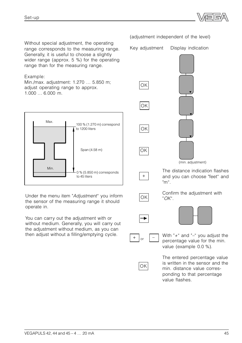 Operating range, Adjustment | VEGA VEGAPULS 45 4 … 20 mA; HART compact sensor User Manual | Page 45 / 72