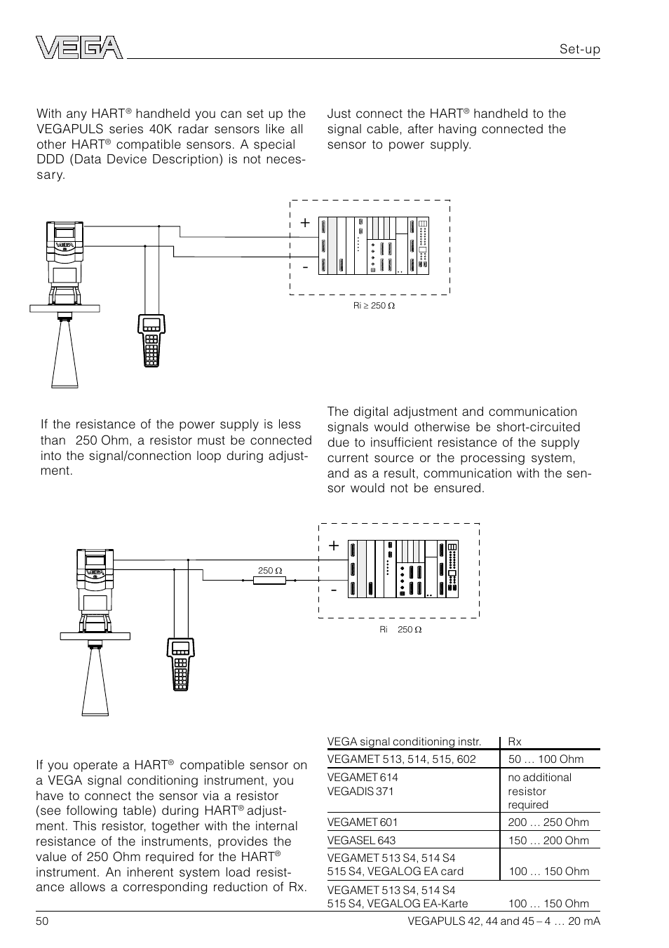 4 adjustment with hart® handheld, 4 adjustment with hart, Handheld | VEGA VEGAPULS 45 4 … 20 mA; HART compact sensor User Manual | Page 50 / 72