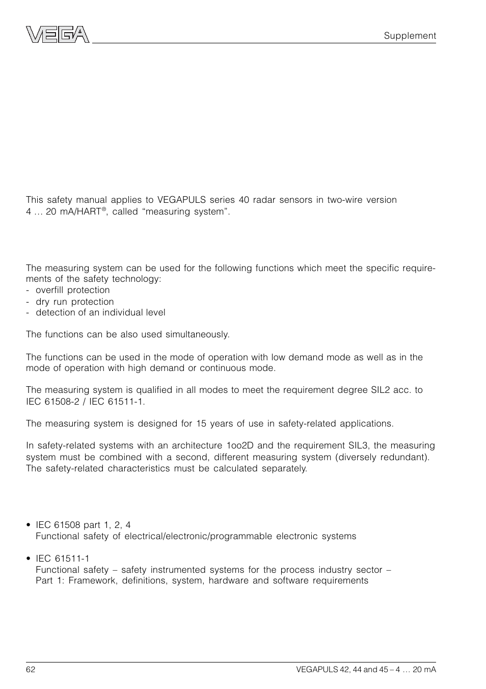 Supplement, Safety manual, 1 general | 1 validity, 2 area of application, 3 relevant standards, Supplement safety manual | VEGA VEGAPULS 45 4 … 20 mA; HART compact sensor User Manual | Page 62 / 72