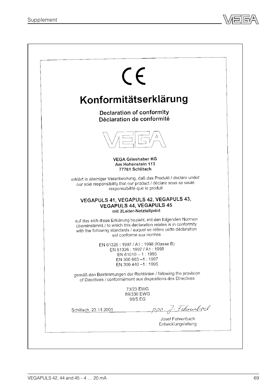 Ce declaration of conformity | VEGA VEGAPULS 45 4 … 20 mA; HART compact sensor User Manual | Page 69 / 72