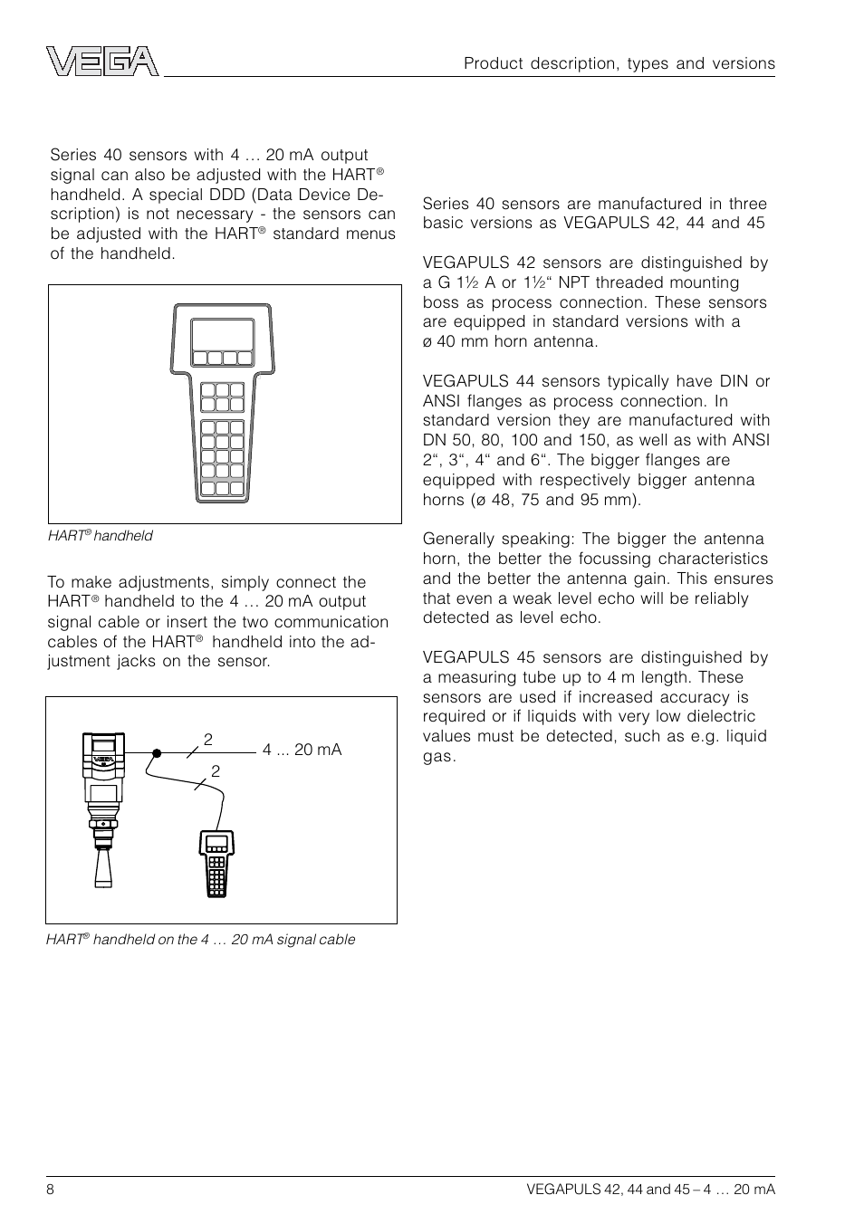 2 types and versions, 1 survey, Adjustment with the hart | Handheld | VEGA VEGAPULS 45 4 … 20 mA; HART compact sensor User Manual | Page 8 / 72