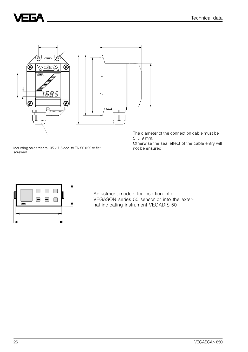 External indicating instrument vegadis 50, Adjustment module minicom, Technical data | VEGA VEGASCAN 850 User Manual | Page 26 / 92