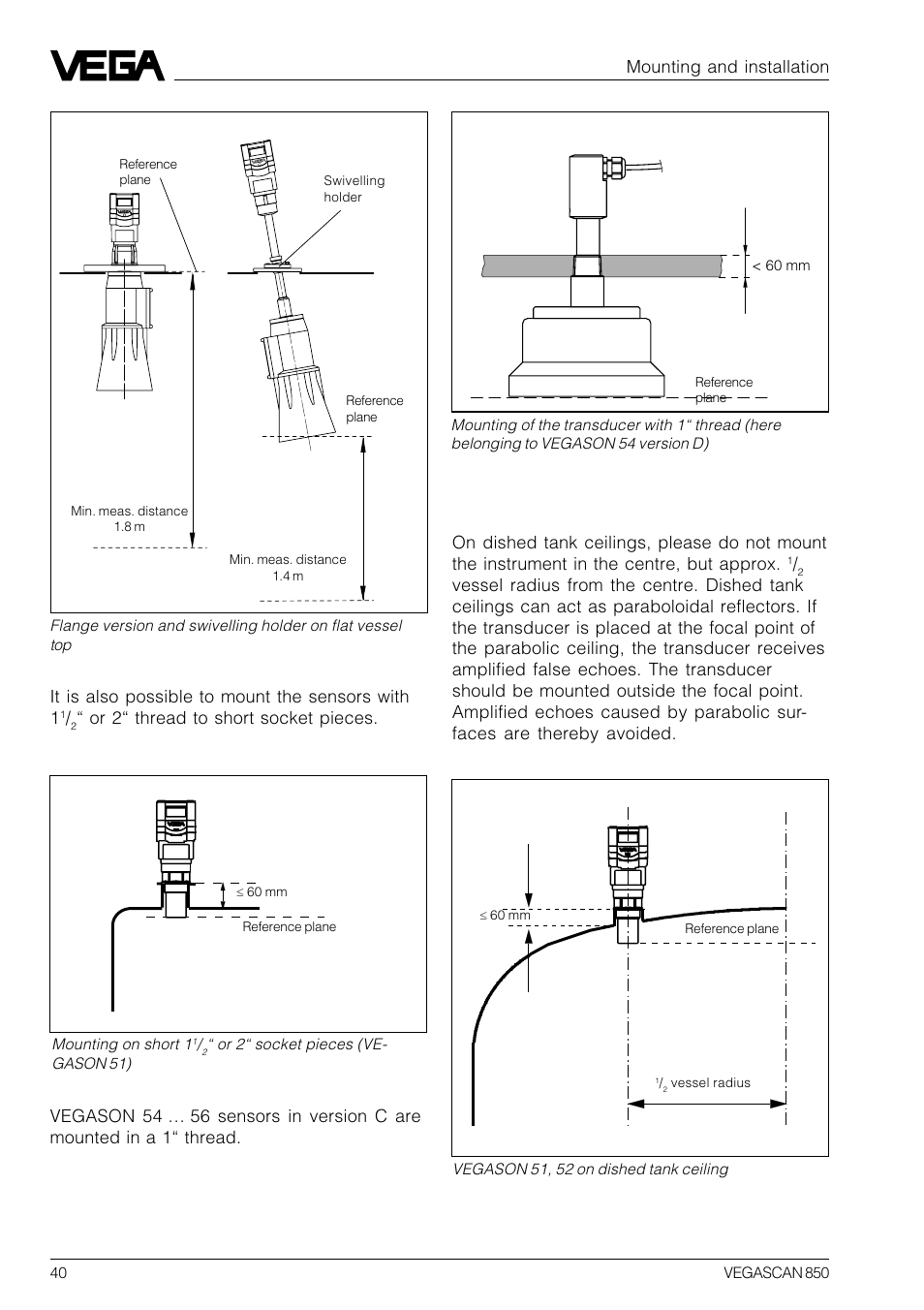 Dished tank ceiling, Or 2“ thread to short socket pieces, Mounting and installation | VEGA VEGASCAN 850 User Manual | Page 40 / 92