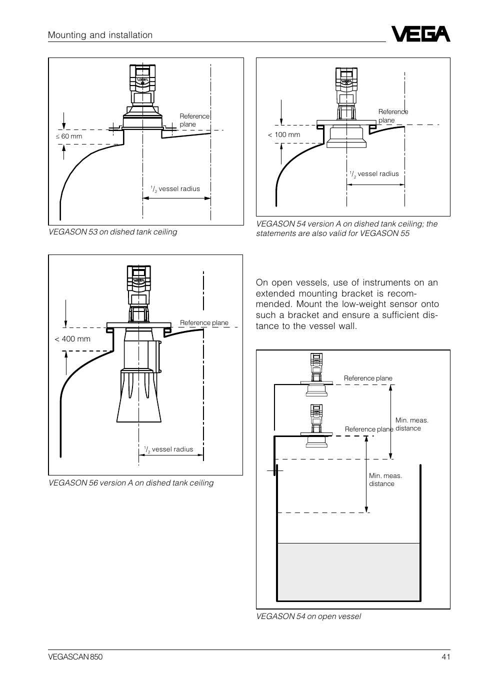 Open vessels, Mounting and installation | VEGA VEGASCAN 850 User Manual | Page 41 / 92