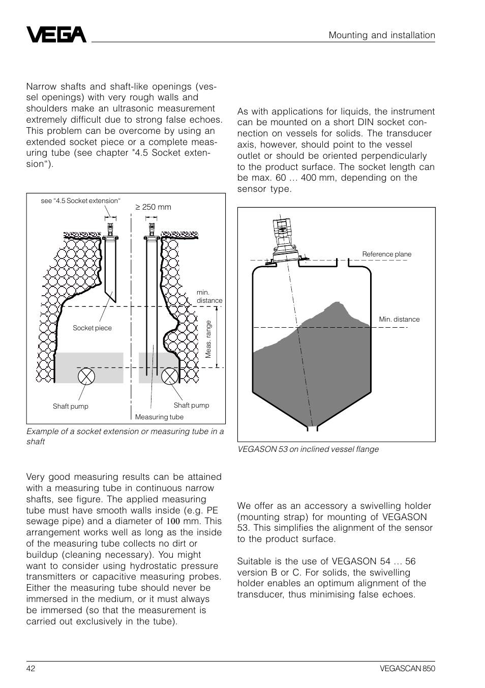 4 measurement of solids, Swivelling holder, Flange mounting | Pump shaft | VEGA VEGASCAN 850 User Manual | Page 42 / 92