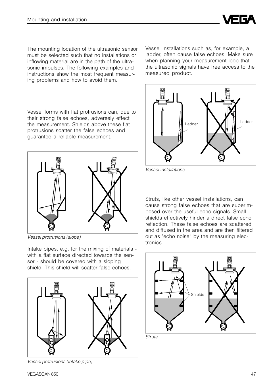 7 false echoes, Vessel installations, Struts | Vessel protrusions | VEGA VEGASCAN 850 User Manual | Page 47 / 92