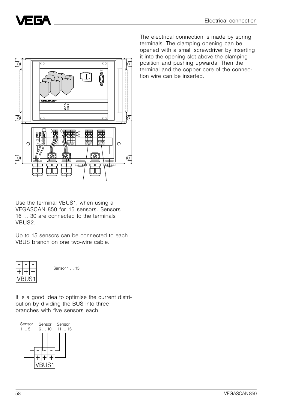 4 connection of the sensors to vegascan 850, Vbus1, Electrical connection | VEGA VEGASCAN 850 User Manual | Page 58 / 92