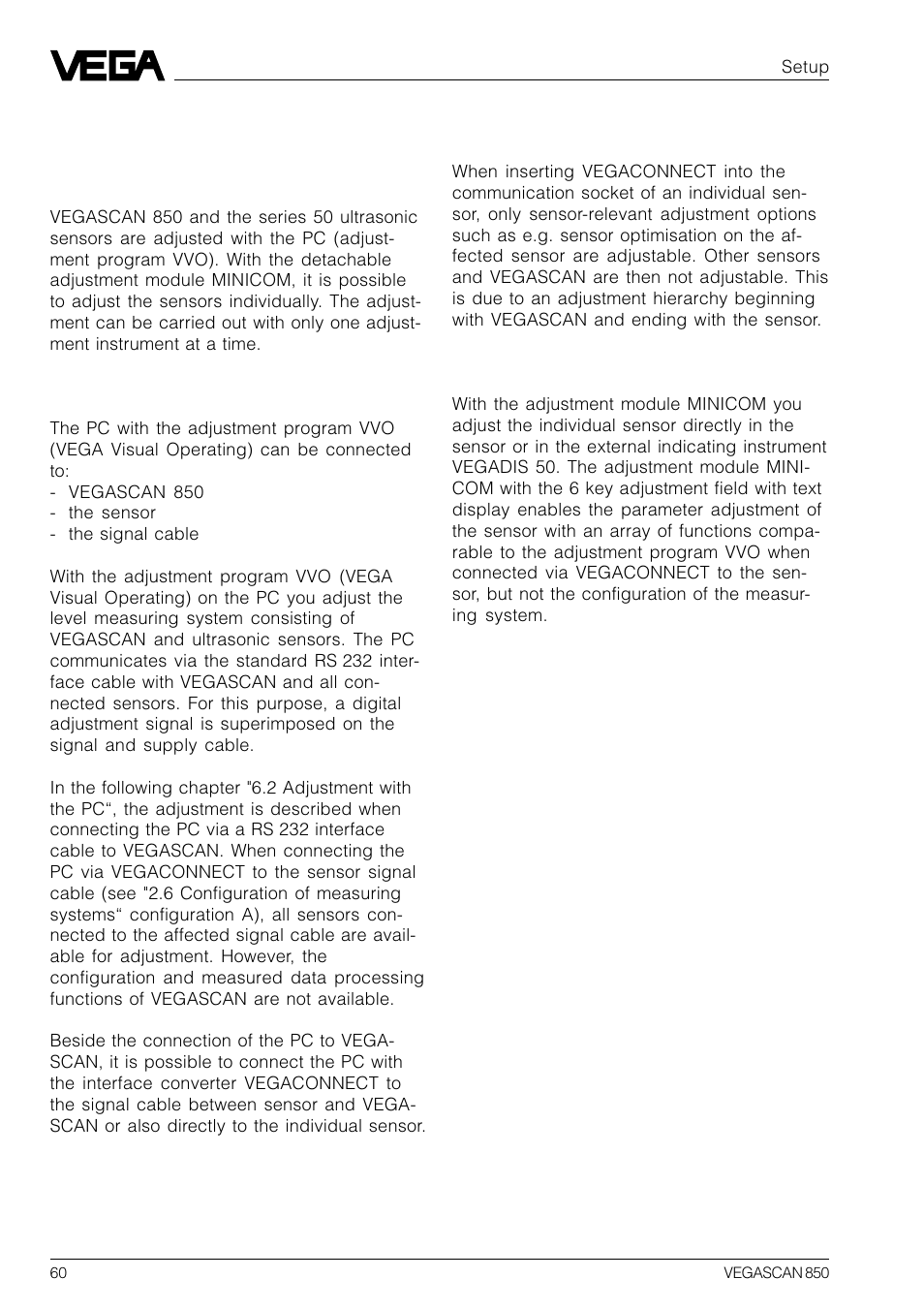 6 setup, 1 adjustment methods | VEGA VEGASCAN 850 User Manual | Page 60 / 92