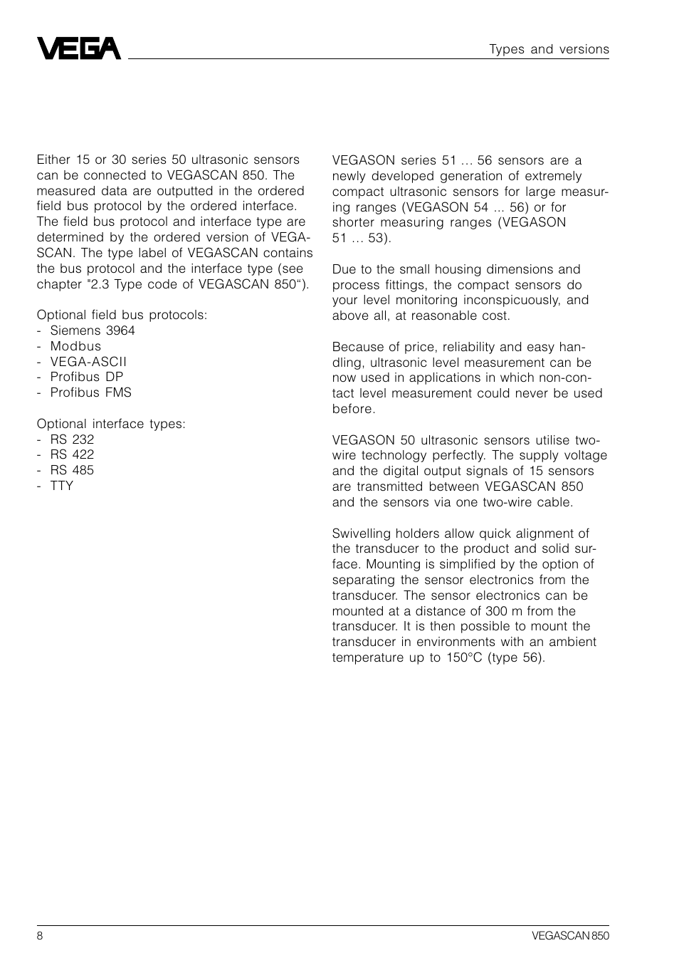 2 types and versions, 1 type overview, vegascan 850, 2 type overview, sensors | VEGA VEGASCAN 850 User Manual | Page 8 / 92
