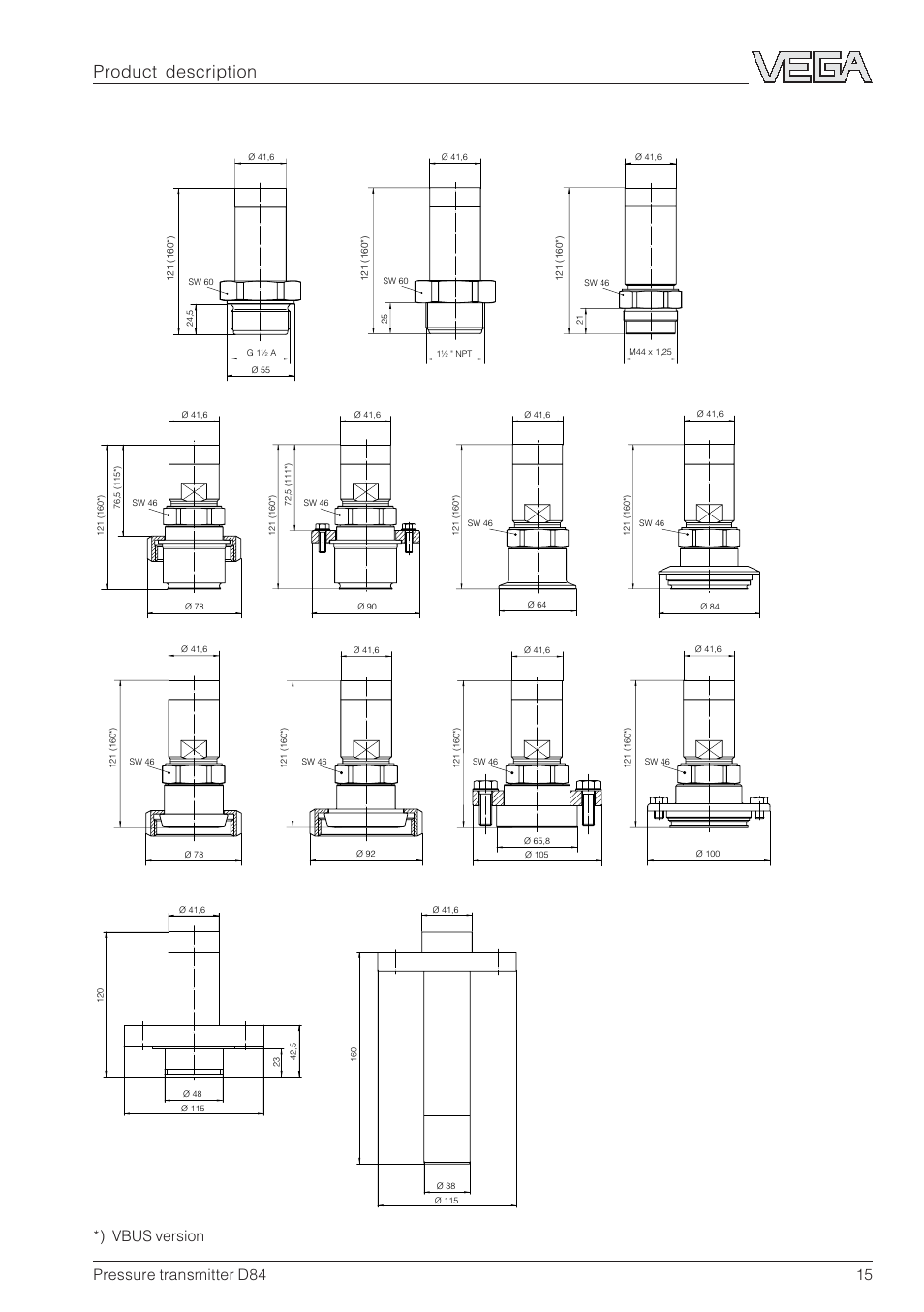 Product description process connections d84, Pressure transmitter d84 15, Vbus version | VEGA D84 Hydrostatic pressure transmitter User Manual | Page 15 / 44