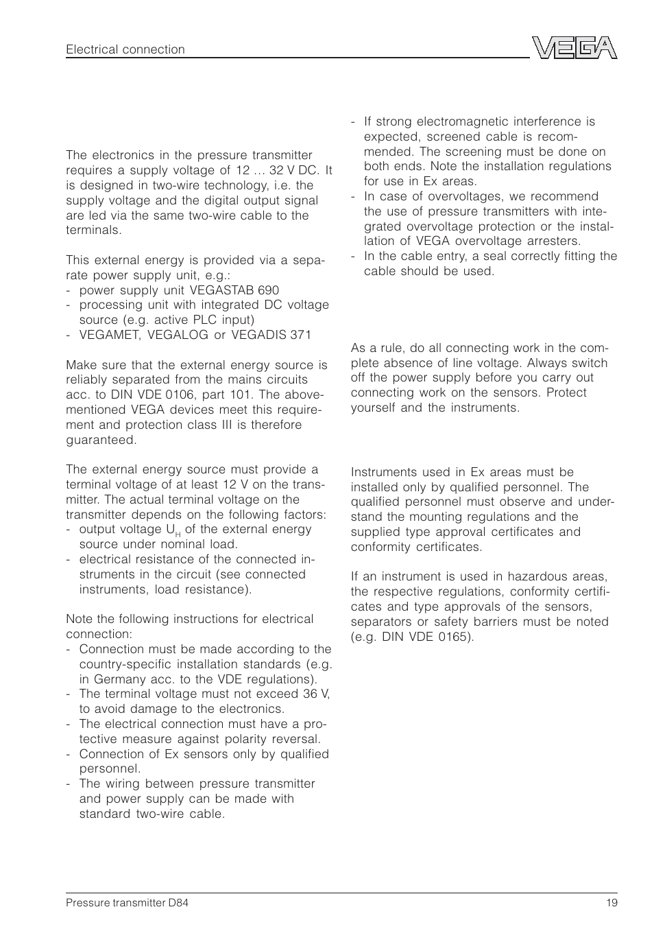 3 electrical connection, 1 connection instructions | VEGA D84 Hydrostatic pressure transmitter User Manual | Page 19 / 44