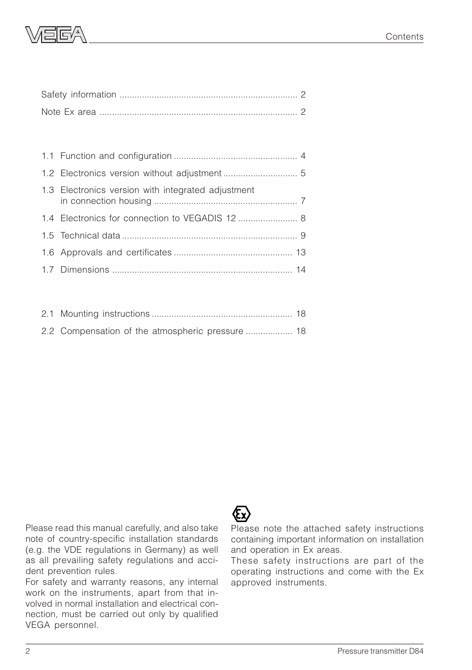 VEGA D84 Hydrostatic pressure transmitter User Manual | Page 2 / 44