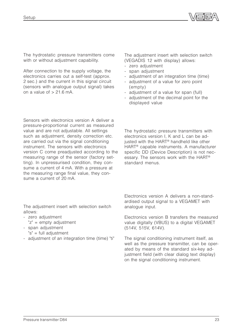 4 setup, 1 adjustment structure | VEGA D84 Hydrostatic pressure transmitter User Manual | Page 23 / 44