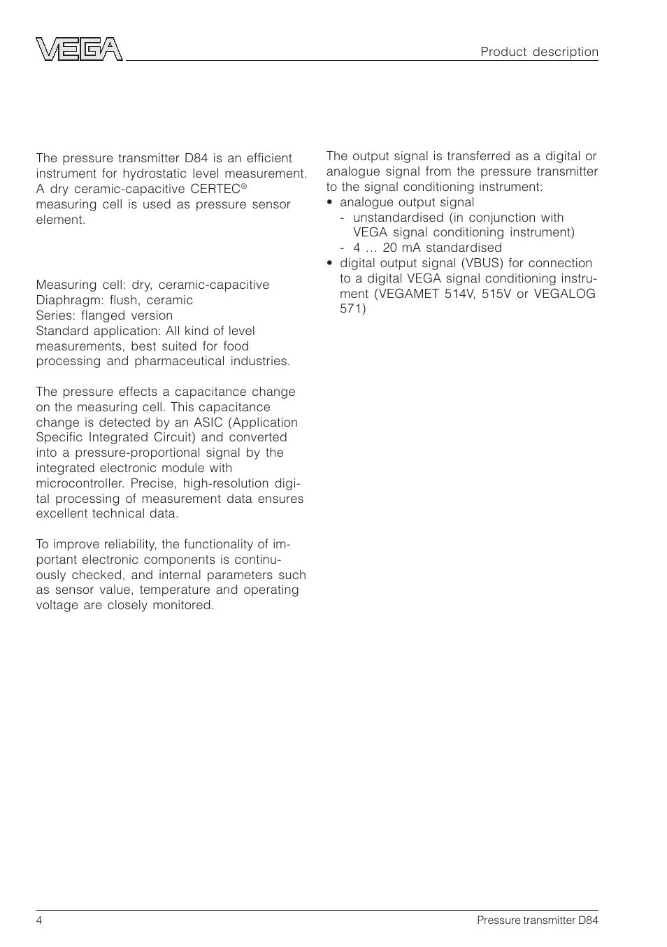 1 product description, 1 function and configuration | VEGA D84 Hydrostatic pressure transmitter User Manual | Page 4 / 44
