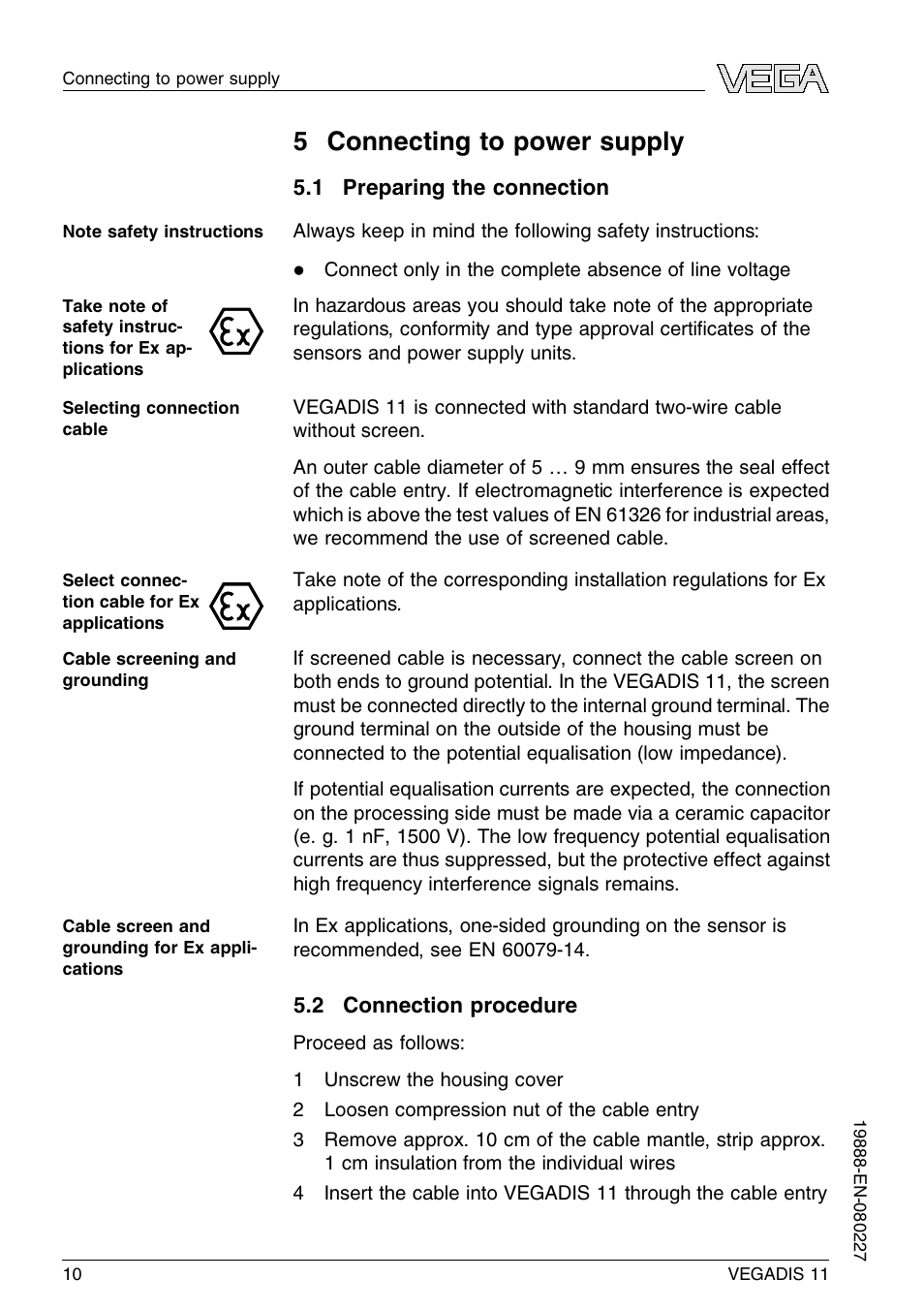 5 connecting to power supply, 1 preparing the connection, 2 connection procedure | 5 c onnecting to power supply | VEGA VEGADIS 11 User Manual | Page 10 / 24