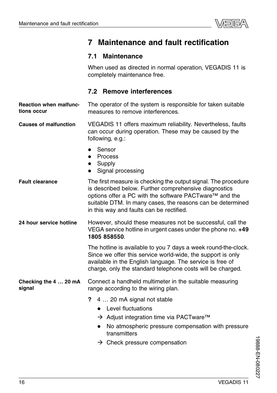 7 maintenance and fault rectification, 1 maintenance, 2 remove interferences | 7 m aintenance and fault rectiﬁcation | VEGA VEGADIS 11 User Manual | Page 16 / 24