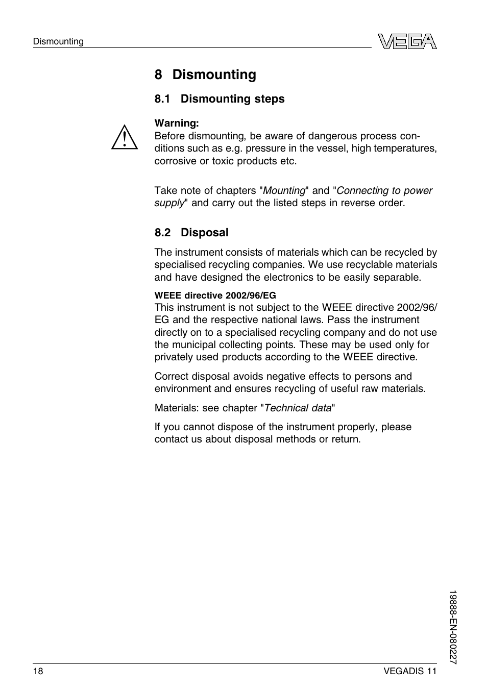 8 dismounting, 1 dismounting steps, 2 disposal | 8 d ismounting | VEGA VEGADIS 11 User Manual | Page 18 / 24