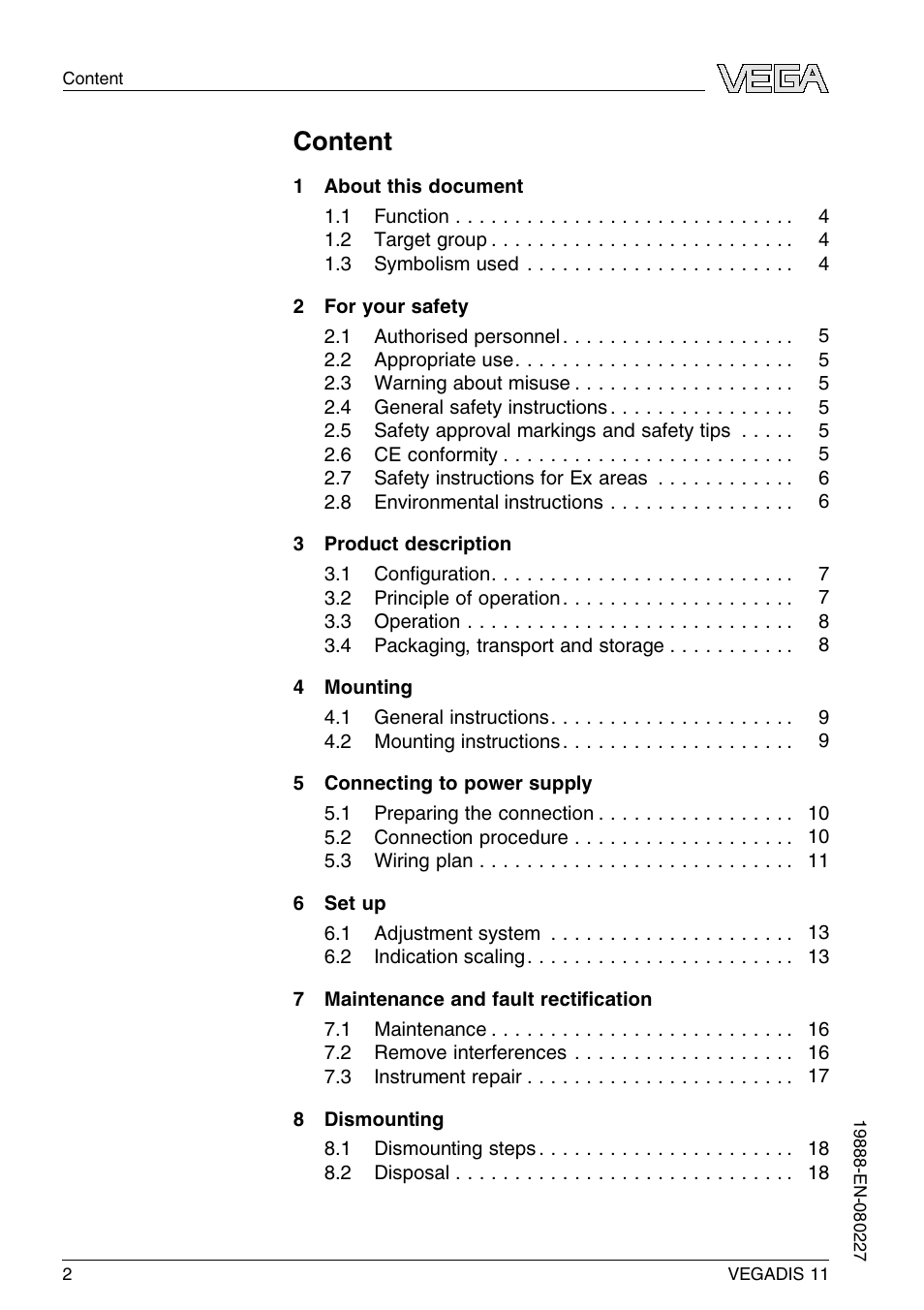 Content | VEGA VEGADIS 11 User Manual | Page 2 / 24
