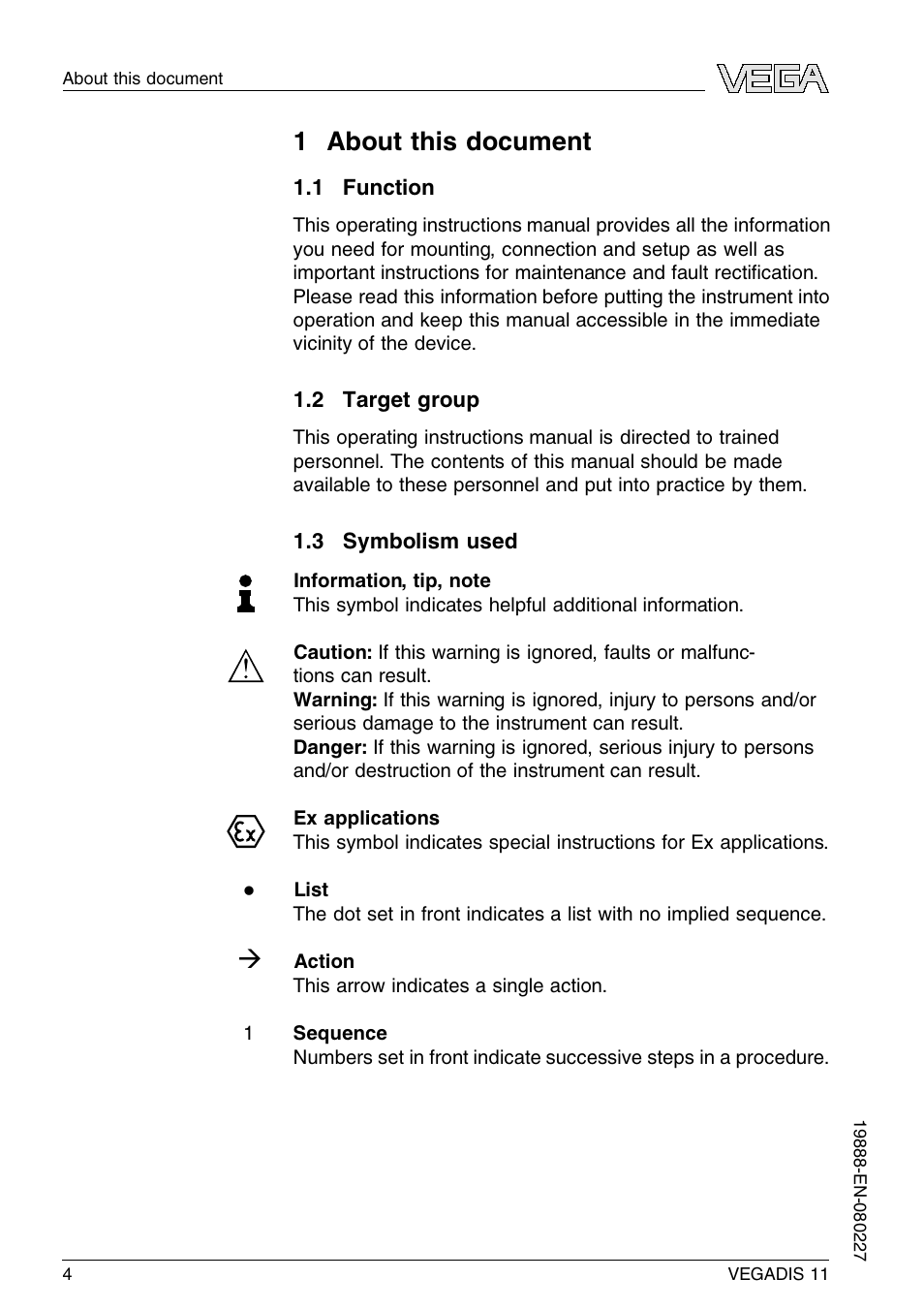 1 about this document, 1 function, 2 target group | 3 symbolism used, 1 a bout this document | VEGA VEGADIS 11 User Manual | Page 4 / 24