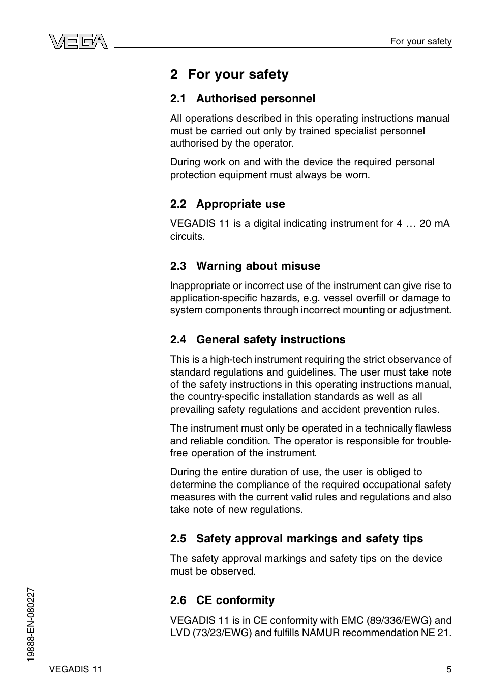 2 for your safety, 1 authorised personnel, 2 appropriate use | 3 warning about misuse, 4 general safety instructions, 5 safety approval markings and safety tips, 6 ce conformity, 2 f or your safety | VEGA VEGADIS 11 User Manual | Page 5 / 24