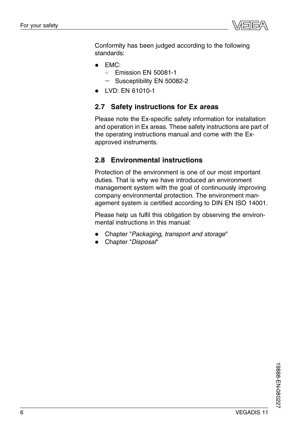 7 safety instructions for ex areas, 8 environmental instructions | VEGA VEGADIS 11 User Manual | Page 6 / 24