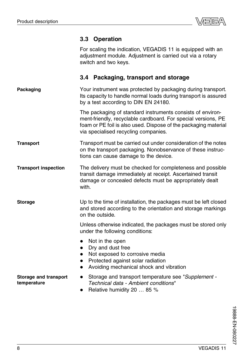 3 operation, 4 packaging, transport and storage | VEGA VEGADIS 11 User Manual | Page 8 / 24
