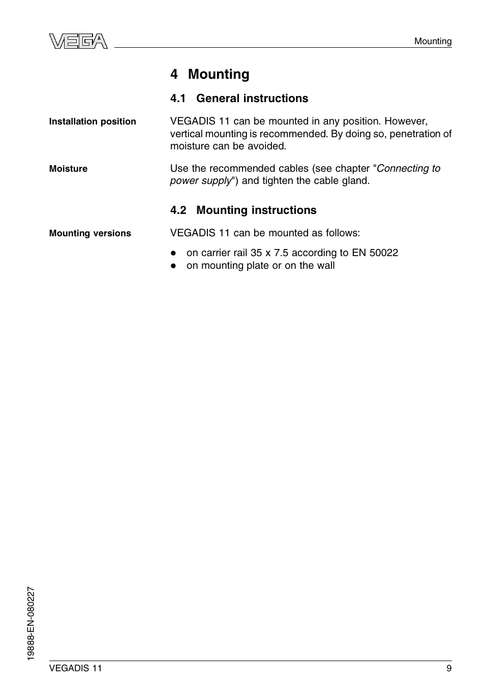 4 mounting, 1 general instructions, 2 mounting instructions | 4 m ounting | VEGA VEGADIS 11 User Manual | Page 9 / 24