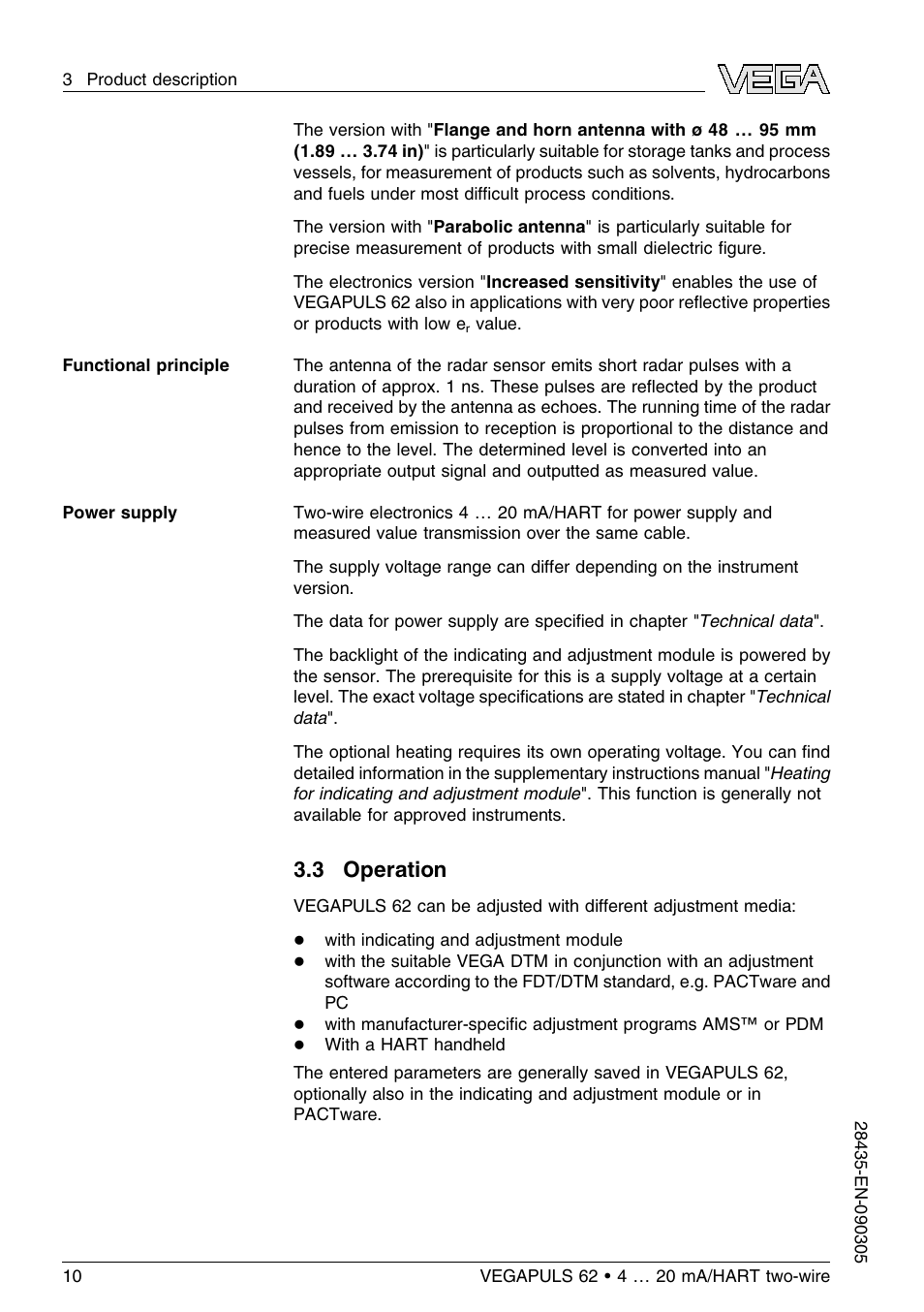 3 operation | VEGA VEGAPULS 62 (≥ 2.0.0 - ≤ 3.8) 4 … 20 mA_HART two-wire User Manual | Page 10 / 80