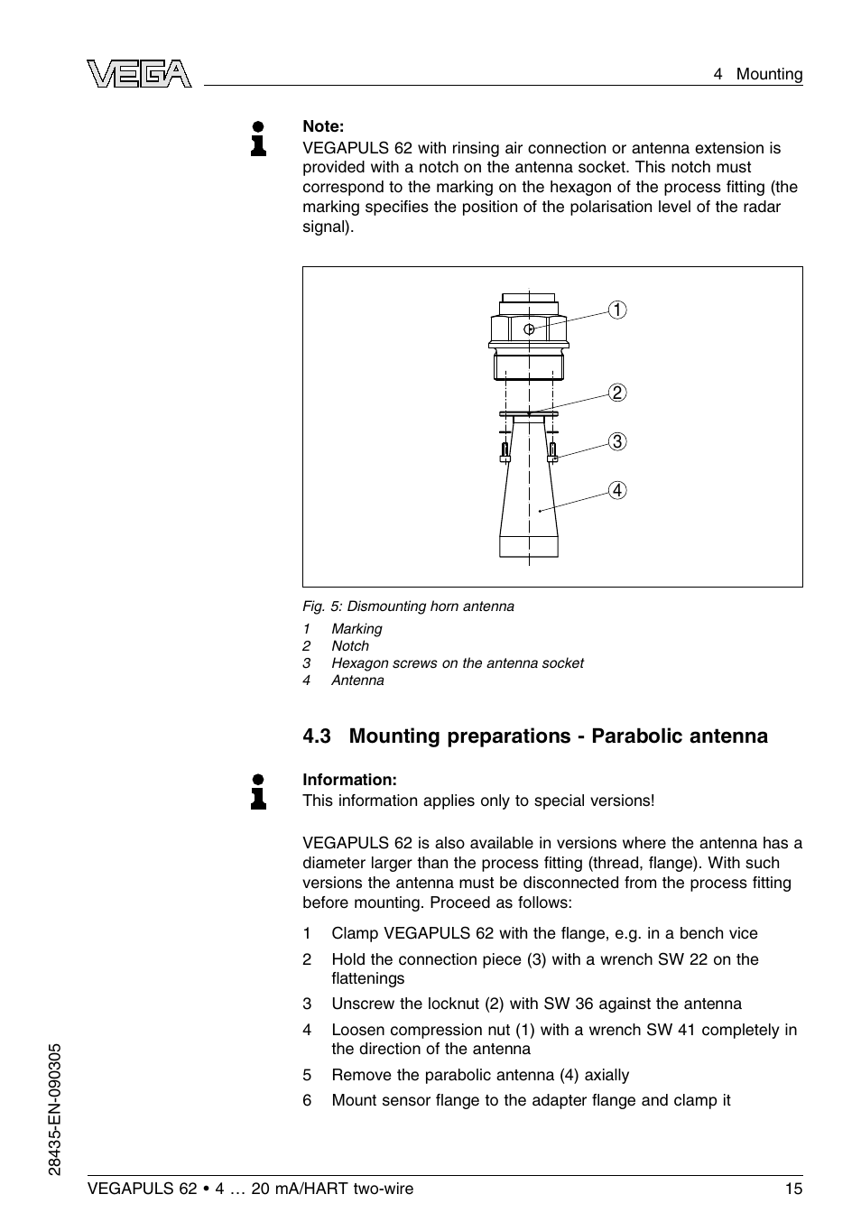 3 mounting preparations – parabolic antenna, 3 mounting preparations - parabolic antenna | VEGA VEGAPULS 62 (≥ 2.0.0 - ≤ 3.8) 4 … 20 mA_HART two-wire User Manual | Page 15 / 80