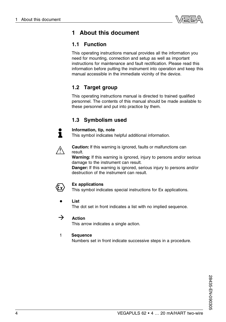 1 about this document, 1 function, 2 target group | 3 symbolism used | VEGA VEGAPULS 62 (≥ 2.0.0 - ≤ 3.8) 4 … 20 mA_HART two-wire User Manual | Page 4 / 80