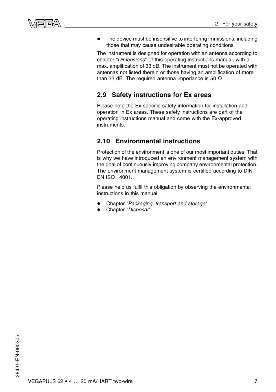 9 safety instructions for ex areas, 10 environmental instructions | VEGA VEGAPULS 62 (≥ 2.0.0 - ≤ 3.8) 4 … 20 mA_HART two-wire User Manual | Page 7 / 80