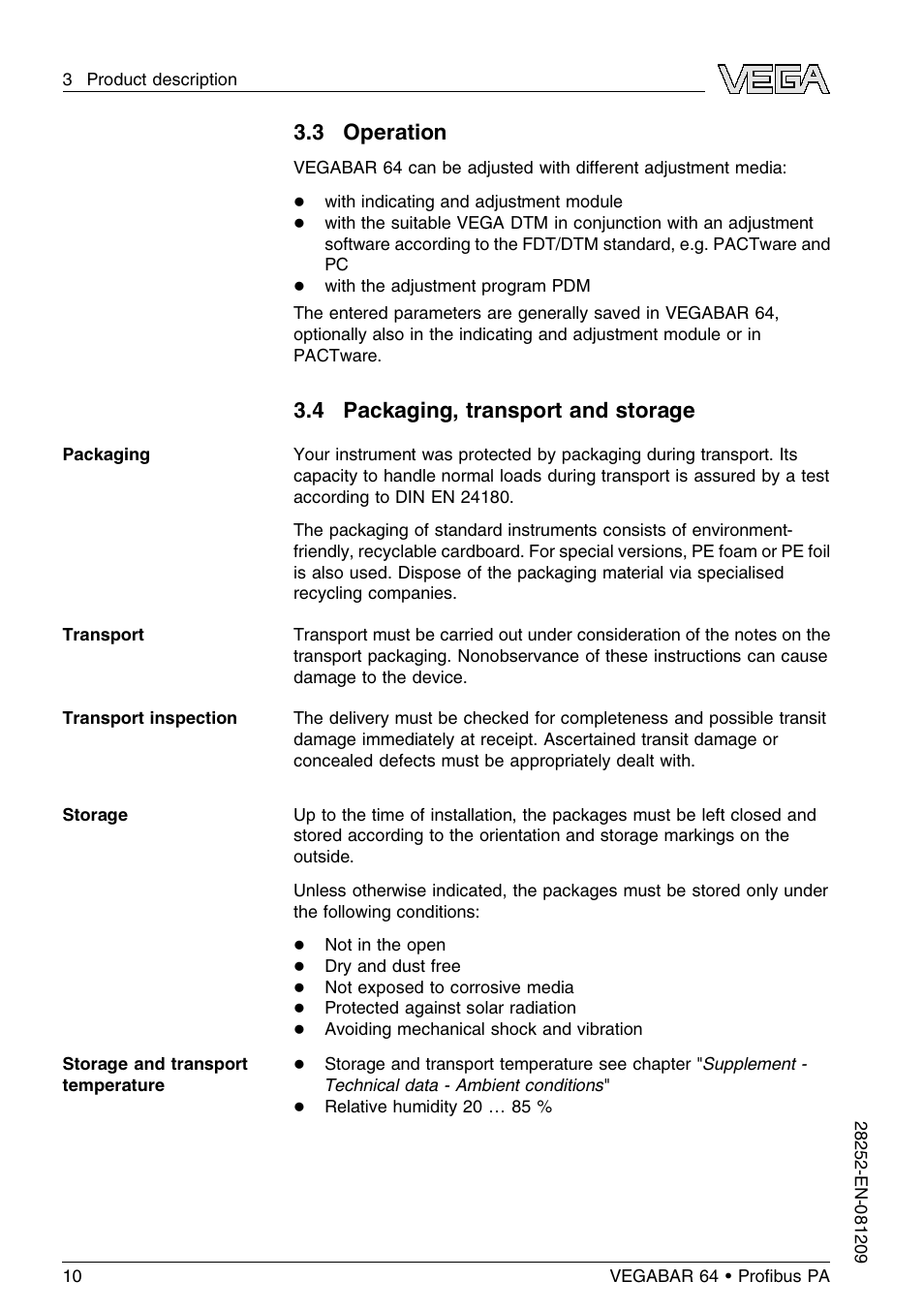 3 operation, 4 packaging, transport and storage | VEGA VEGABAR 64 Proﬁbus PA User Manual | Page 10 / 80