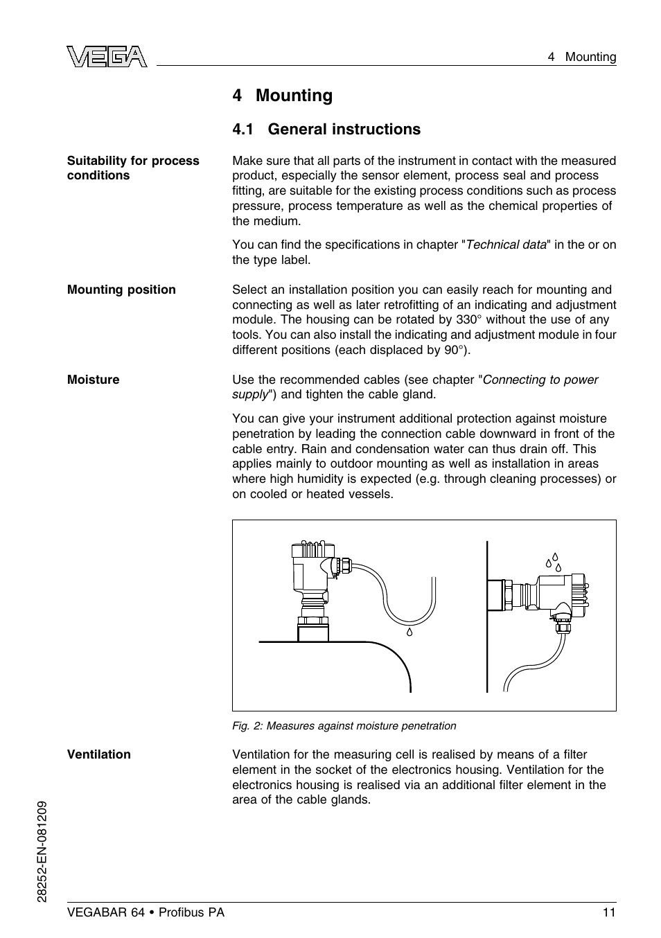 4 mounting, 1 general instructions | VEGA VEGABAR 64 Proﬁbus PA User Manual | Page 11 / 80