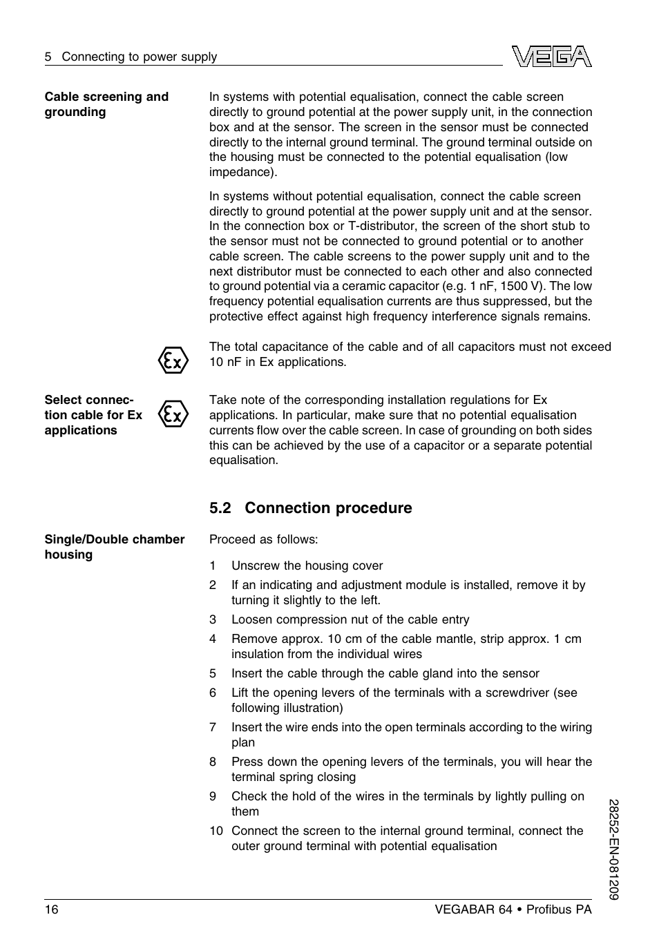 2 connection procedure | VEGA VEGABAR 64 Proﬁbus PA User Manual | Page 16 / 80