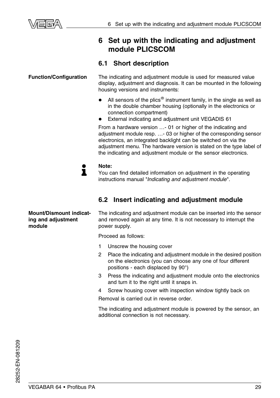1 short description, 2 insert indicating and adjustment module | VEGA VEGABAR 64 Proﬁbus PA User Manual | Page 29 / 80